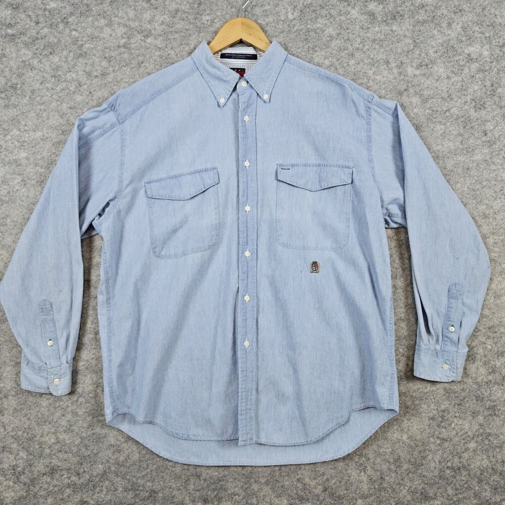 Tommy Hilfiger Men's Blue 100% Cotton Size L Button Down Shirt Embroidered SPOTS